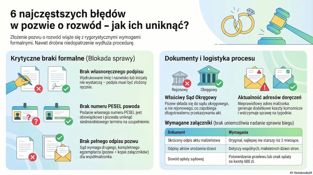 braki formalne pozwu o rozwód - infografika o najczęstszych błędach w pozwie rozwodowym