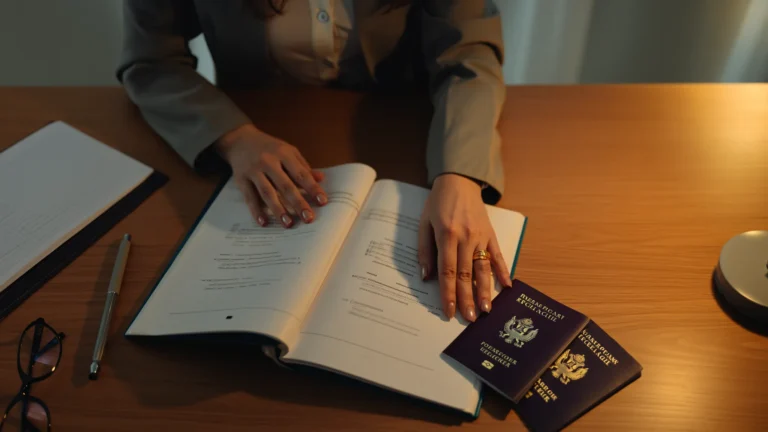 Czyje prawo zastosuje sąd przy rozwodzie Dłonie nad otwartym kodeksem i paszportem przy lampce biurowej
