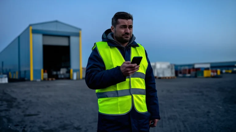 Alimenty od ojca pracującego za granicą: ile realnie zasądzi sąd Pracownik w kamizelce odblaskowej patrzy na telefon po pracy