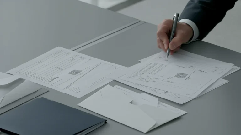 Egzekucja alimentów za granicą: Jak ściągnąć alimenty od rodzica za granicą Z bliska ujęcie biurka z rozłożonymi kilkoma papierowymi dokumentami w formacie A4. W tle, częściowo widoczna ręka osoby w garniturze trzyma pióro, gotowa do podpisania jednego z pism.